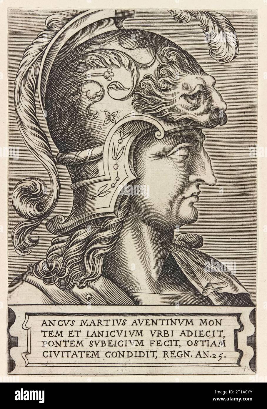 Ancus Marcius (regno c. 640-616a.C.) quarto re di Roma, incisione di Frans Huys (ca. 1522-1562) da imperatori e imperatrici romane pubblicata nel 1550. Foto Stock