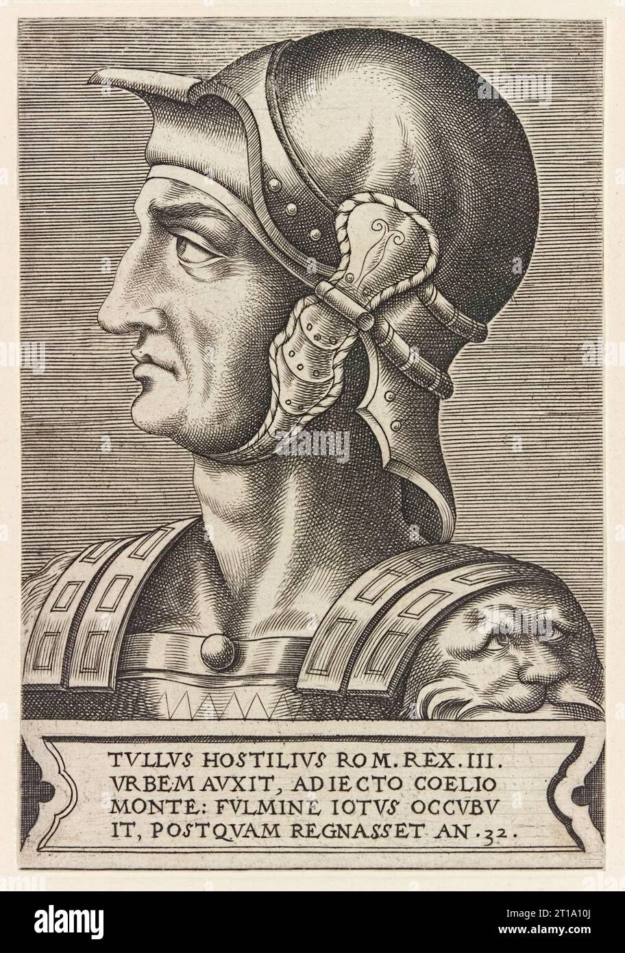 Tullo Hostilius (672-640 a.C.) terzo re di Roma, incisione di Frans Uys (ca. 1522-1562) da imperatori e imperatrici romane pubblicata nel 1550. Foto Stock