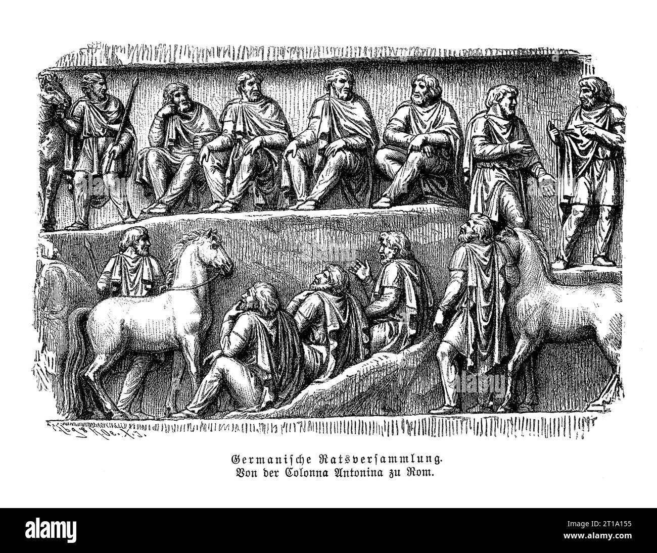 Riunione del consiglio germanico, bassorilievo sulla colonna Antonina a Roma eretto in onore di Marco Aurelio Antonino imperatore Foto Stock