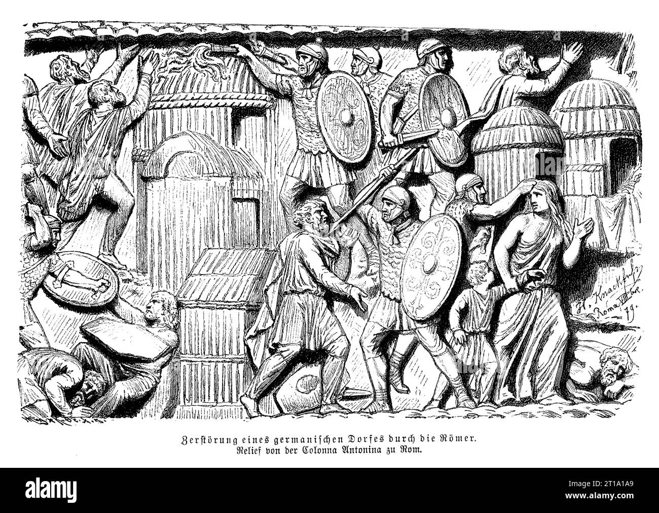 Distruzione del villaggio tedesco da parte dell'esercito romano, bassorilievo sulla colonna Antonina a Roma eretto in onore dell'imperatore Marco Aurelio Antonino Foto Stock
