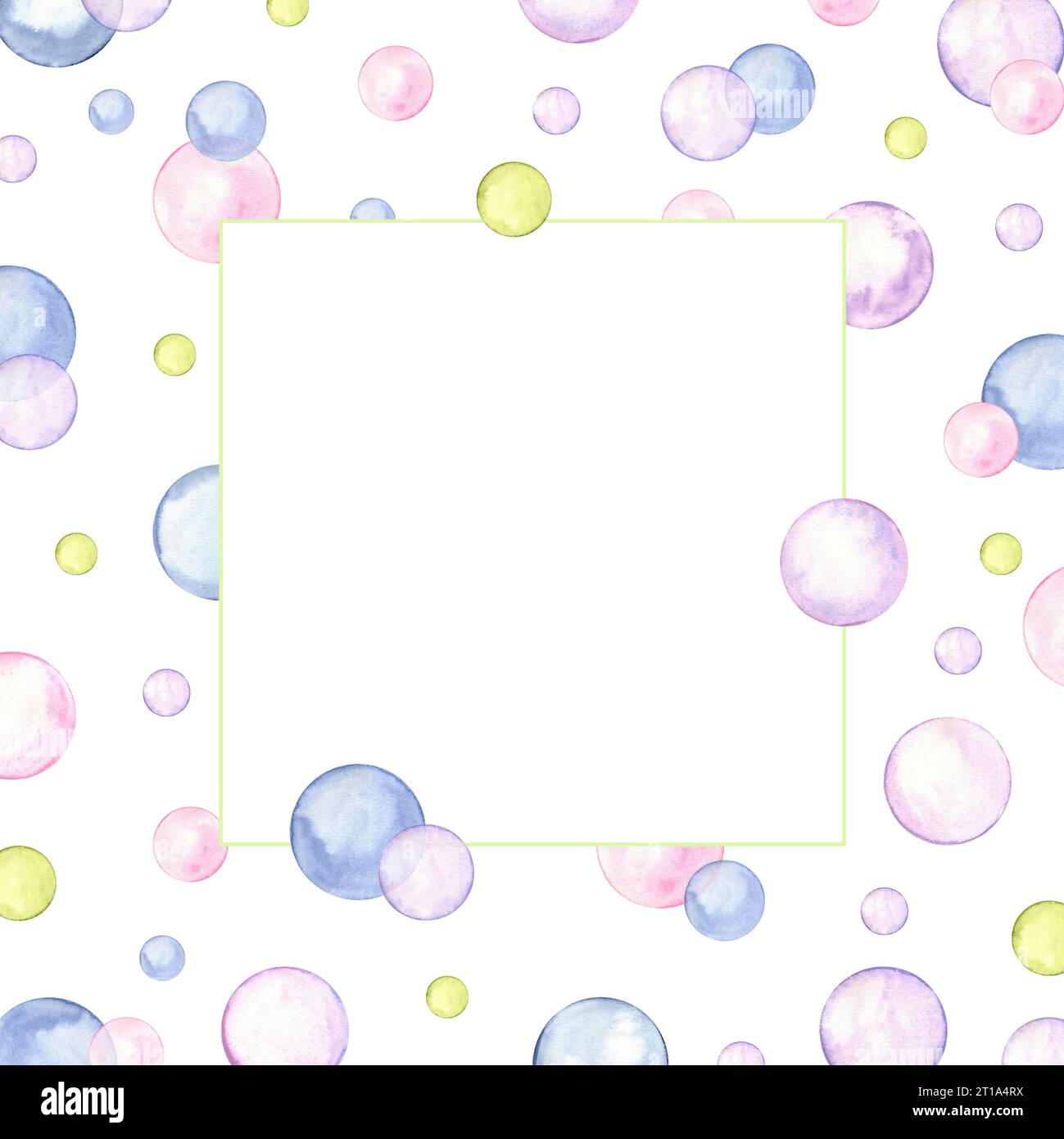 Biglietto d'auguri quadrato per qualsiasi festa o festa. Cerchio in colori pastello tenui. Spruzzi, polka dot, bolle, macchie rotonde, pennellate, macchie. Foto Stock