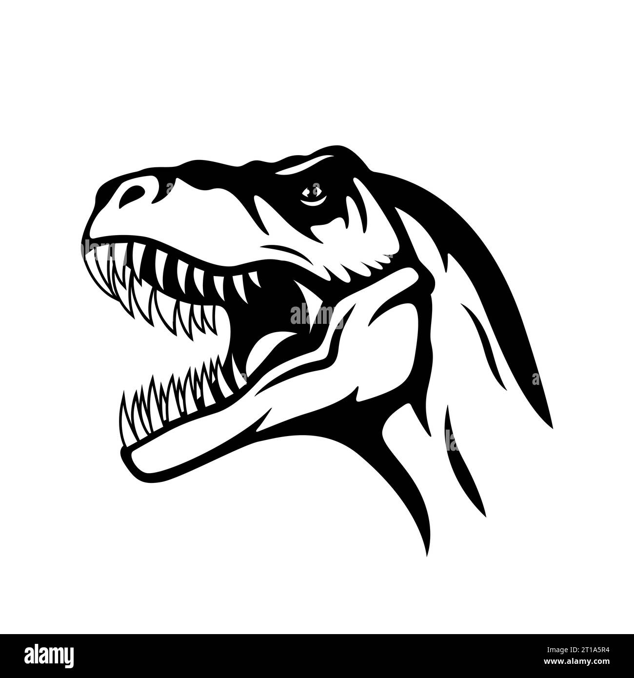 Icona della testa di Tyrannosaurus Rex Vector in bianco e nero, illustrazione della silhouette ritagliata, modello di progettazione per la stampa di magliette, tessuti, adesivi, opere d'arte, ecc. Illustrazione Vettoriale