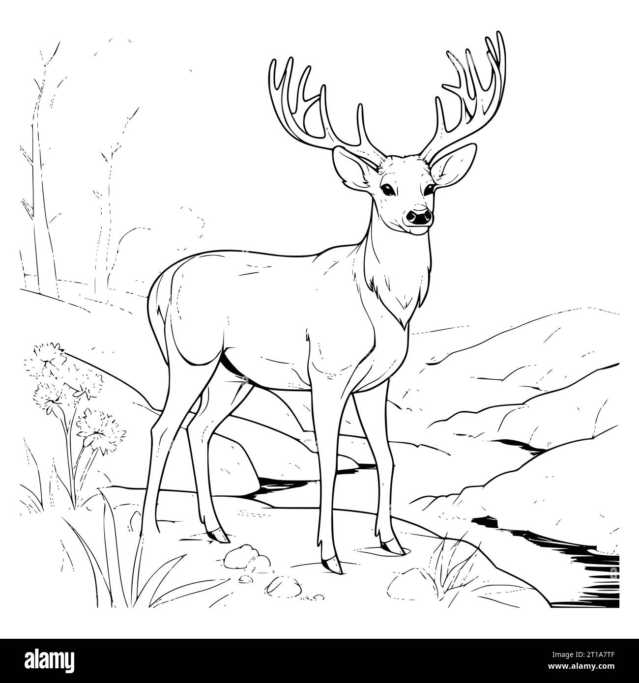 Big Deer on the River Bank Coloring Page Drawing for Kids Illustrazione Vettoriale
