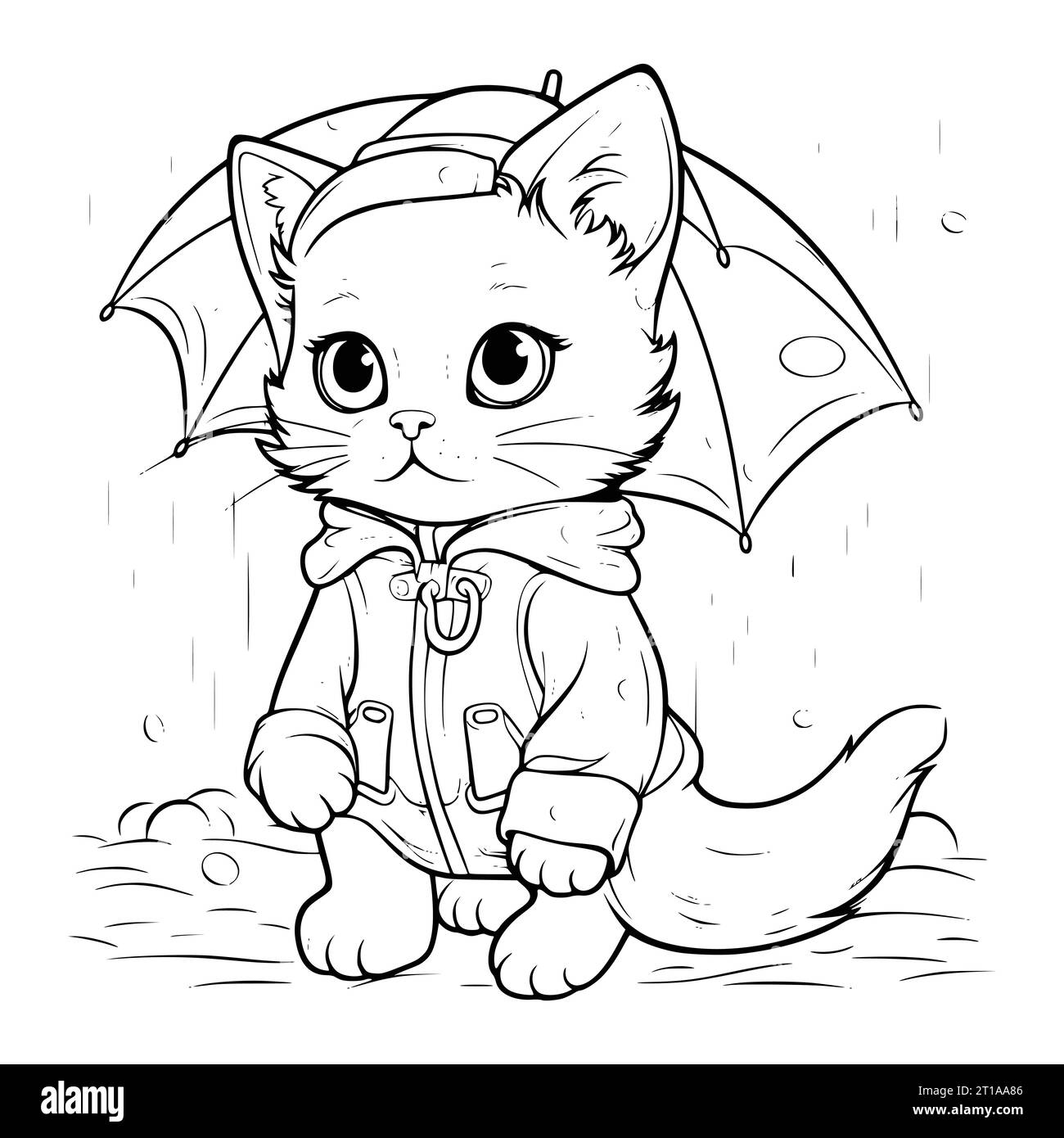 Cat in Rainy Day colorare pagina per bambini Illustrazione Vettoriale