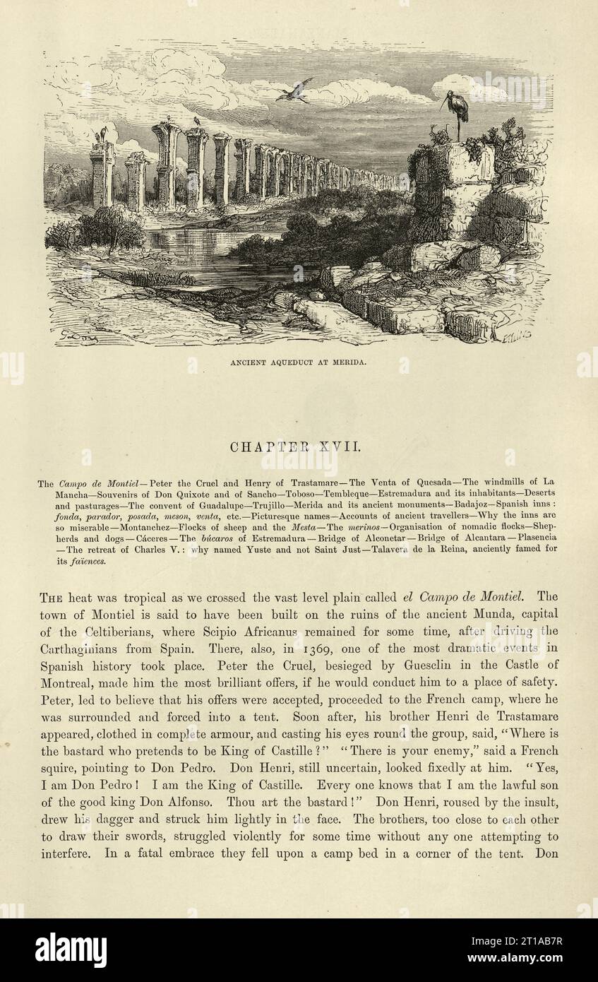 Illustrazione d'epoca di Gustave Dore, Acueducto de los Milagros, antico acquedotto romano a Merida, Spagna XIX secolo Foto Stock