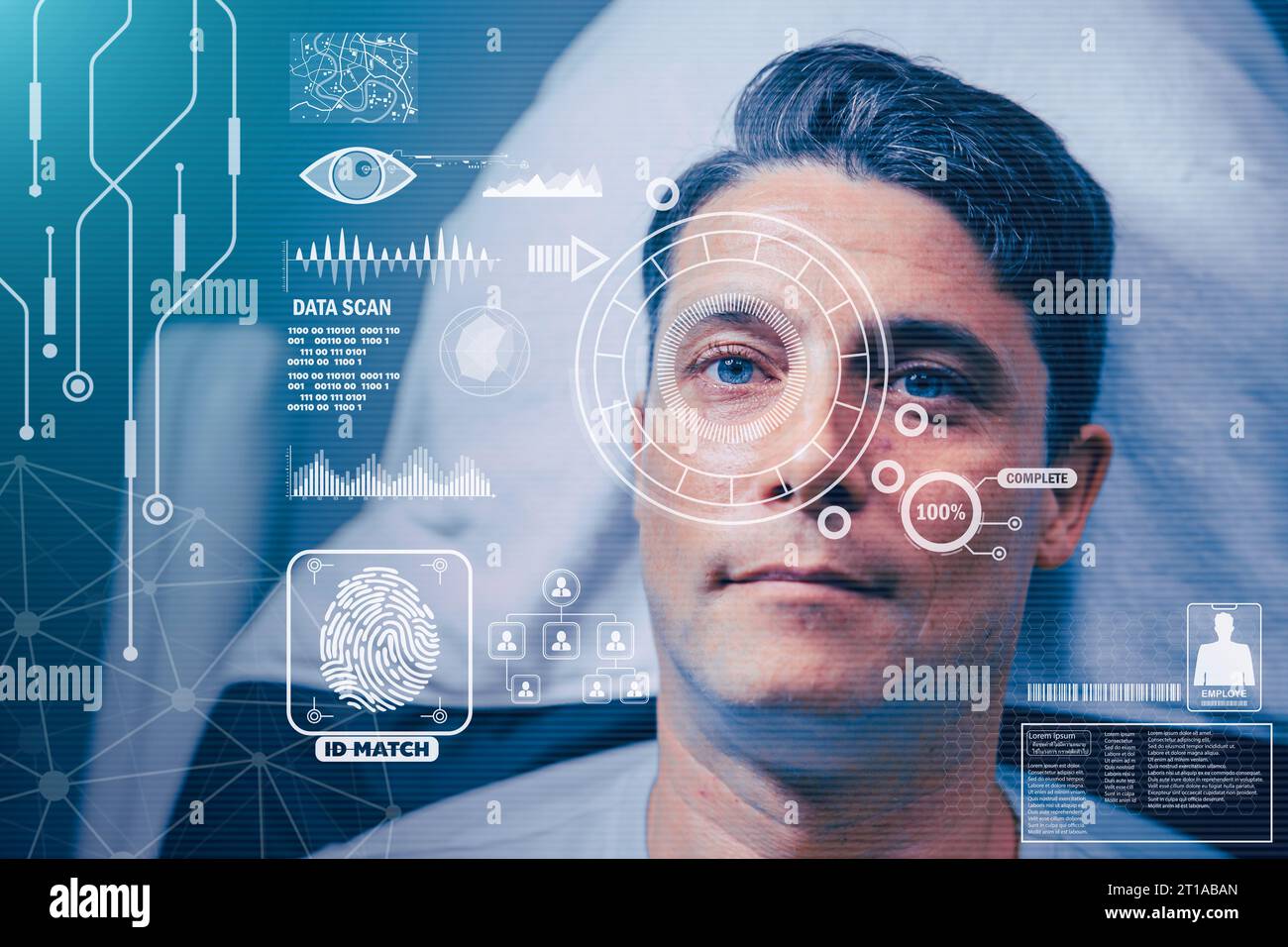 Scansione biometrica della retina dell'iride per il riconoscimento dell'identità personale, verifica la tecnologia dei sistemi di sicurezza all'avanguardia Foto Stock