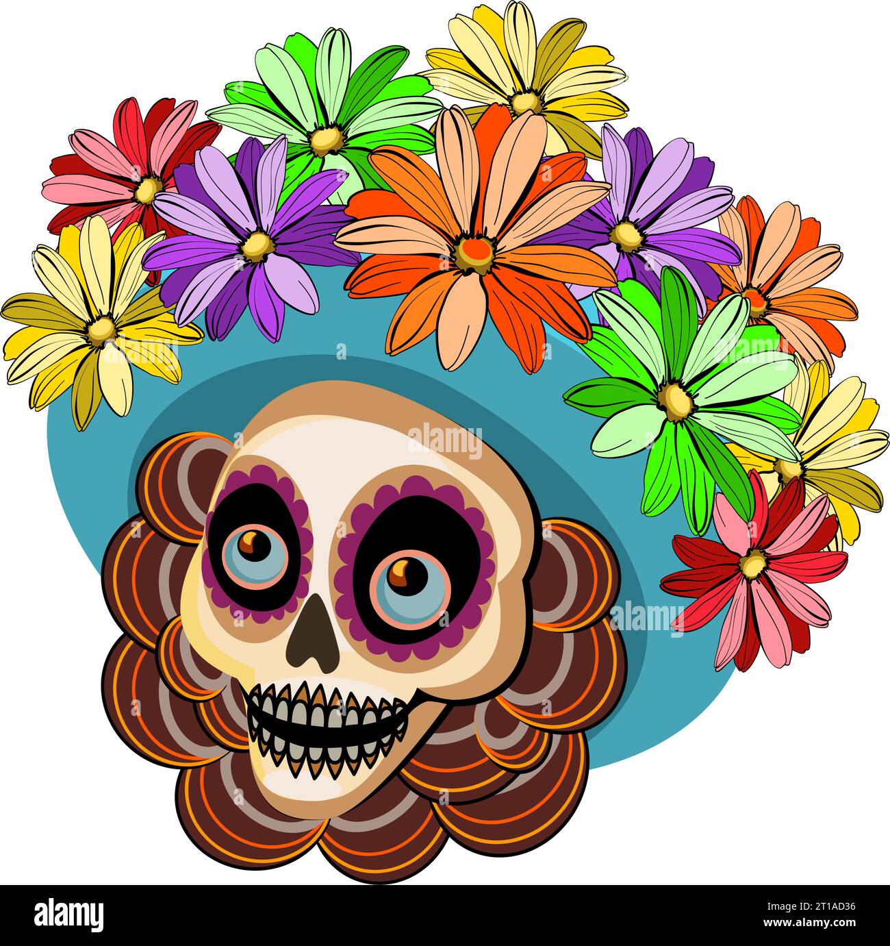 Catrina e' il simbolo del giorno dei morti. Teschio di zucchero con cappello e fiori. Illustrazione vettoriale. Illustrazione Vettoriale