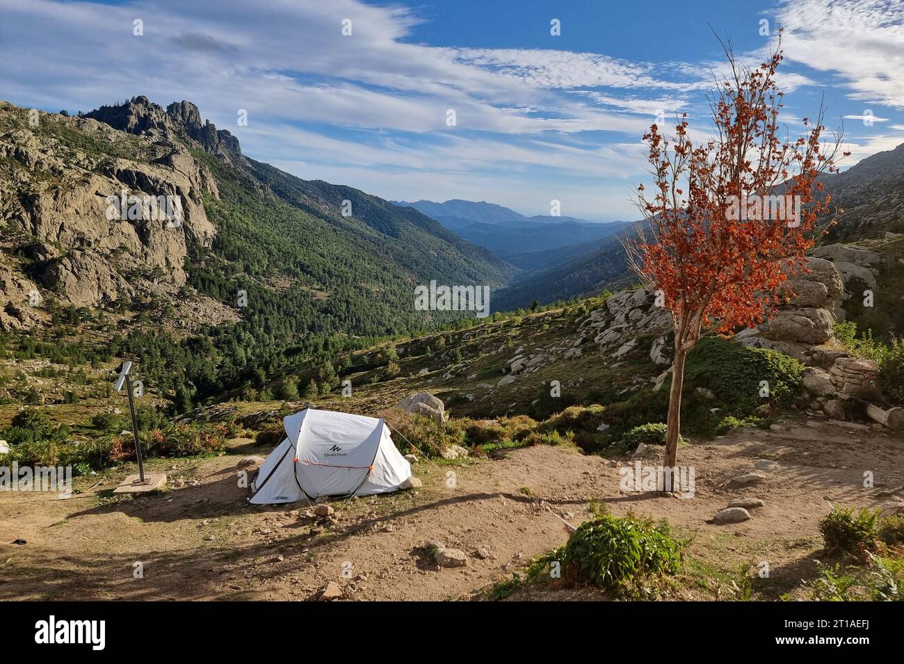 Tenda isolata presso il bivacco del rifugio Asinau, GR20, Corsica, Francia Foto Stock