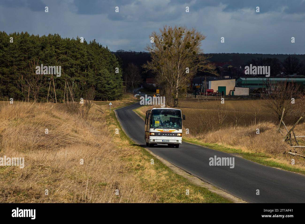 15.03.2023. Polonia, vicino a Bledzew, Setra S213UL da PKS Gorzów Wielkopolski come scuolbus nel comune di Bledzew. Foto Stock