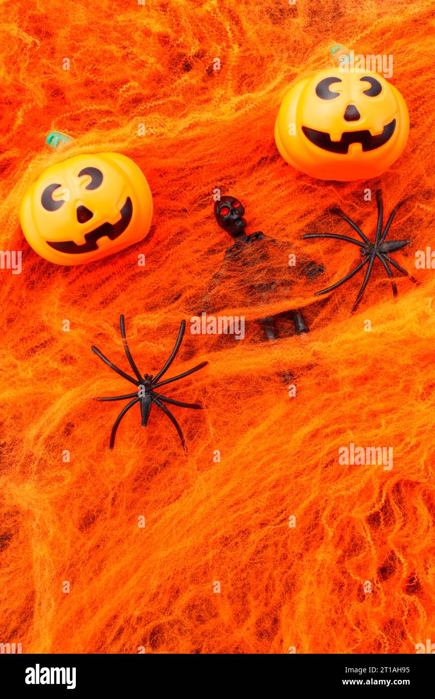 Halloween, ragnatela che cattura scheletro e zucca Foto Stock