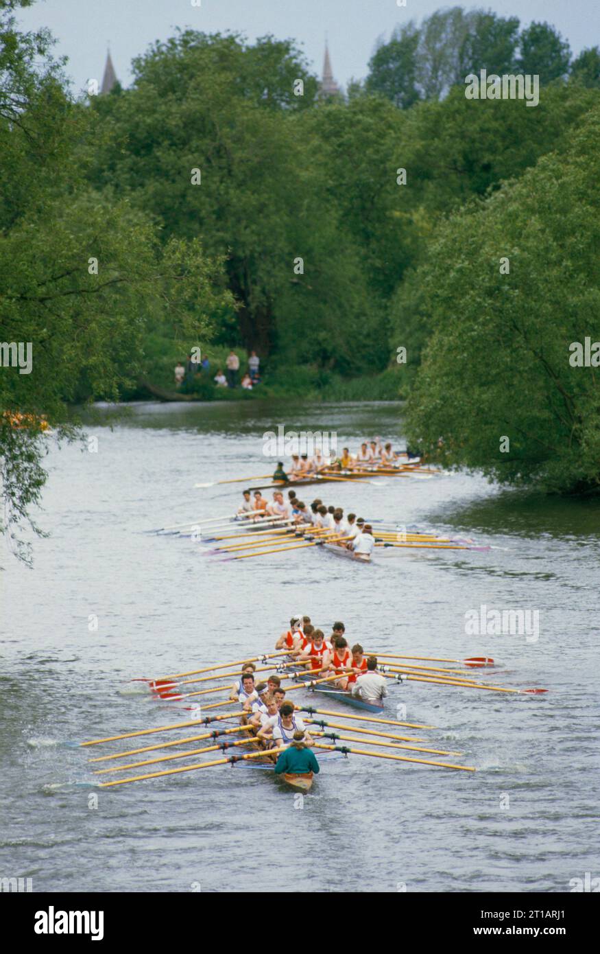 Oxford University Rowing Clubs, Eights Week. Gare di canottaggio sul fiume Isis (in realtà il Tamigi). Summer Eights è una regata di canottaggio intercollegiale che si svolge a fine maggio a Trinity. Oxford, Oxfordshire, Inghilterra maggio 1990 1995 REGNO UNITO HOMER SYKES . Foto Stock