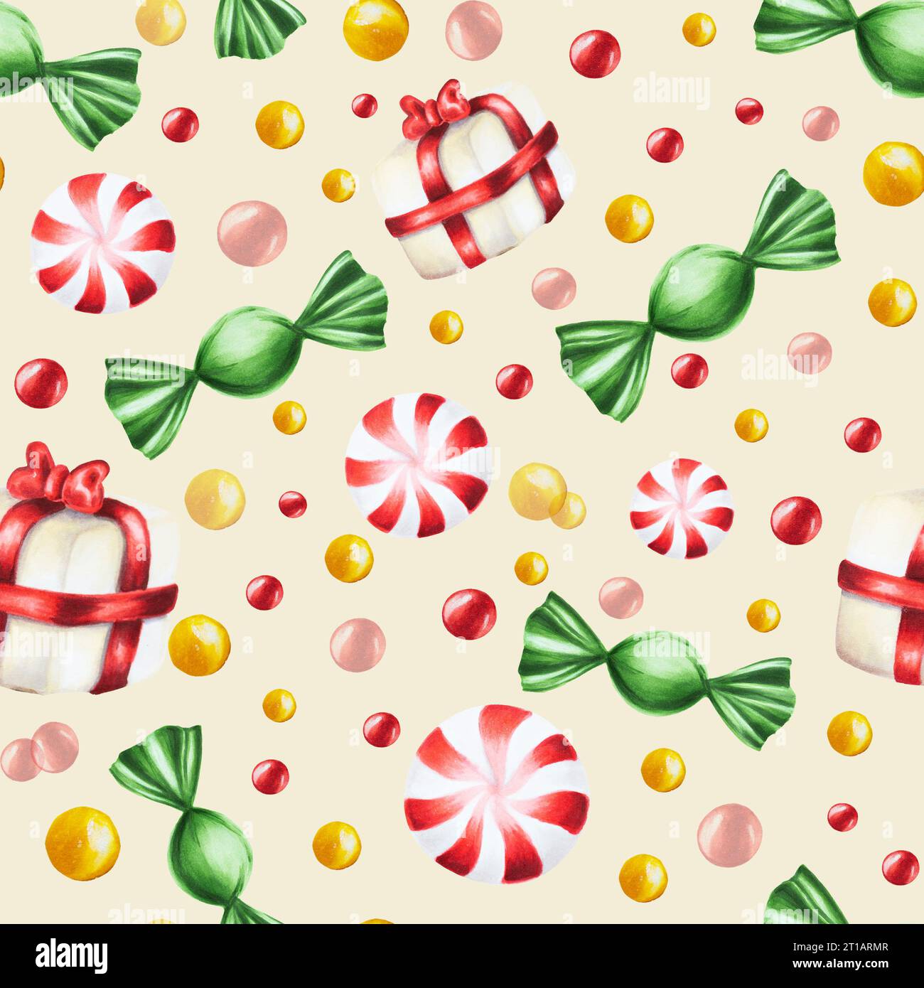 Motivo ad acquerello senza cuciture con illustrazioni di caramelle natalizie. Capodanno dipingendo lecca lecca isolato su sfondo bianco. Vernice a mano per Capodanno Foto Stock