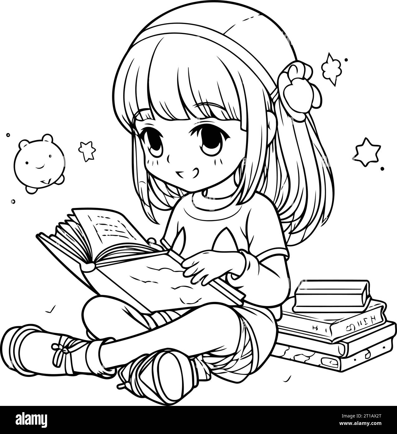 Bambina che legge libri. Pagina da colorare in bianco e nero Foto stock -  Alamy