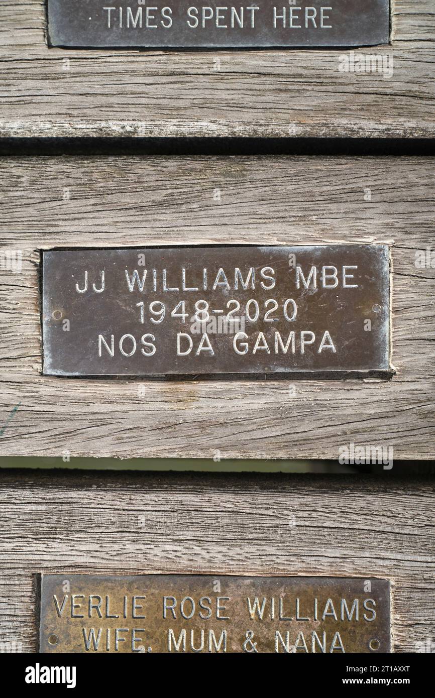 Targa commemorativa del giocatore di rugby JJ Williams sul molo di Penarth, Galles del Sud, Regno Unito Foto Stock