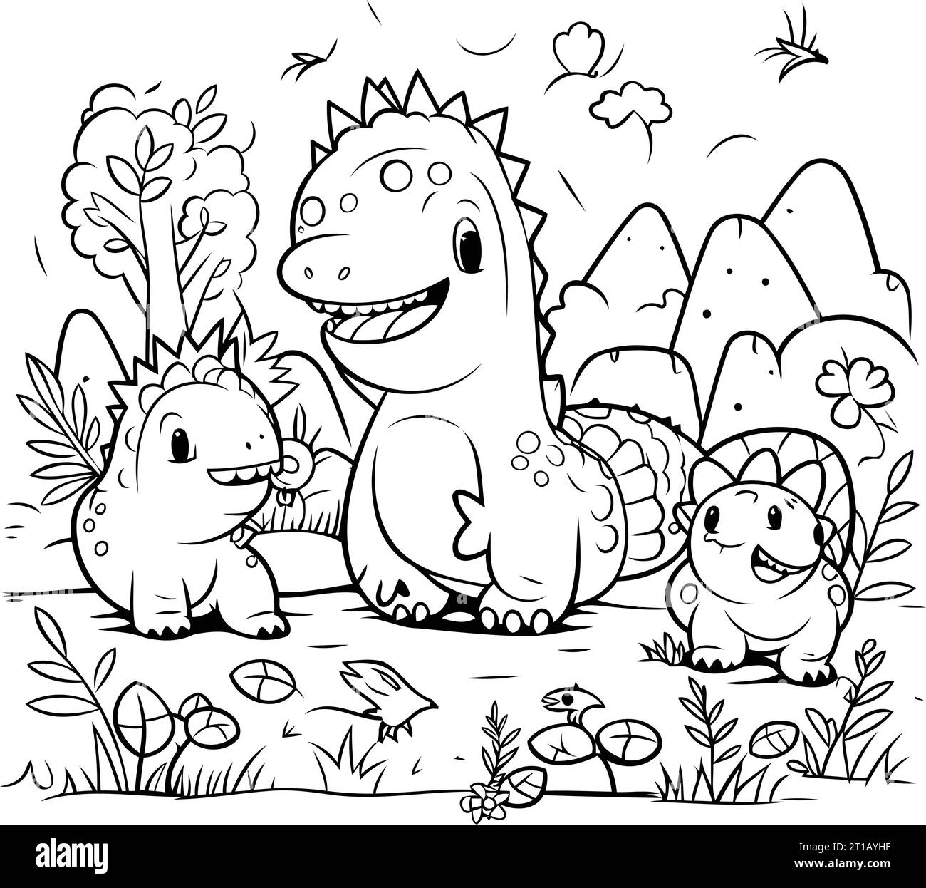 Libro da colorare per bambini. la famiglia dei dinosauri nella foresta. Illustrazione vettoriale. Illustrazione Vettoriale