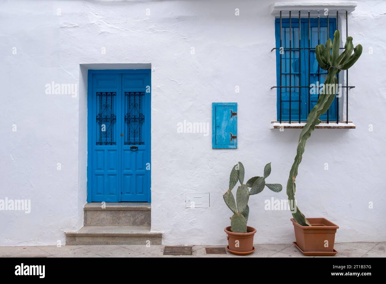 Facciata della casa con porta e finestra blu, decorazioni a cactus, Frigiliana, Costa del Sol, Andalusia, Spagna Foto Stock