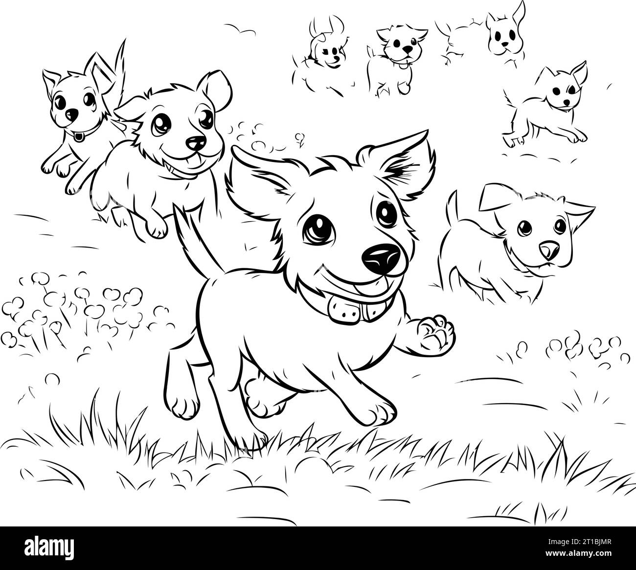 Illustrazione vettoriale di simpatici cani da cartoni animati che giocano nell'erba. Libro da colorare per bambini. Illustrazione Vettoriale