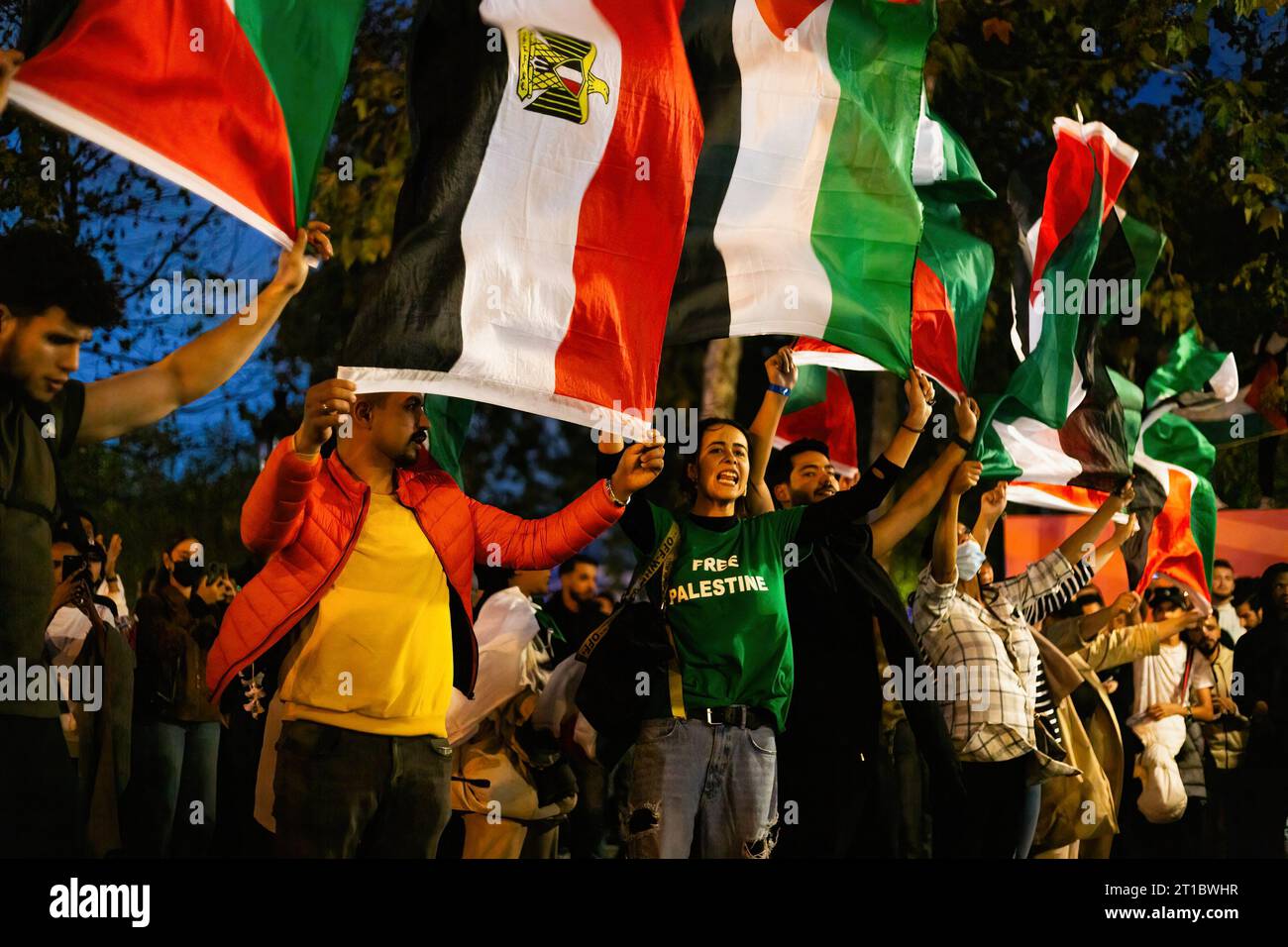 Parigi, Francia. 12 ottobre 2023. Manifestanti pro-palestinesi con bandiere viste durante la protesta a Place de Republique. Nonostante il ministro degli interni francese, Gérald Darmanin, che vietava tutte le proteste filo-palestinesi in Francia, diverse centinaia di persone si sono riunite a Place de la Republique, a Parigi, per dimostrare il proprio sostegno alla Palestina. La polizia ha cercato di fermare la protesta e disperdere la folla usando gas lacrimogeni e cannoni ad acqua. Credito: SOPA Images Limited/Alamy Live News Foto Stock