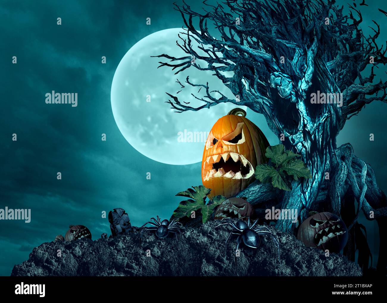 Halloween spaventoso albero di zucca nei panni di un fantasma infestato di notte, modellato come un teschio di mostro con zucche e ragni come un spaventoso cimitero autunnale Foto Stock