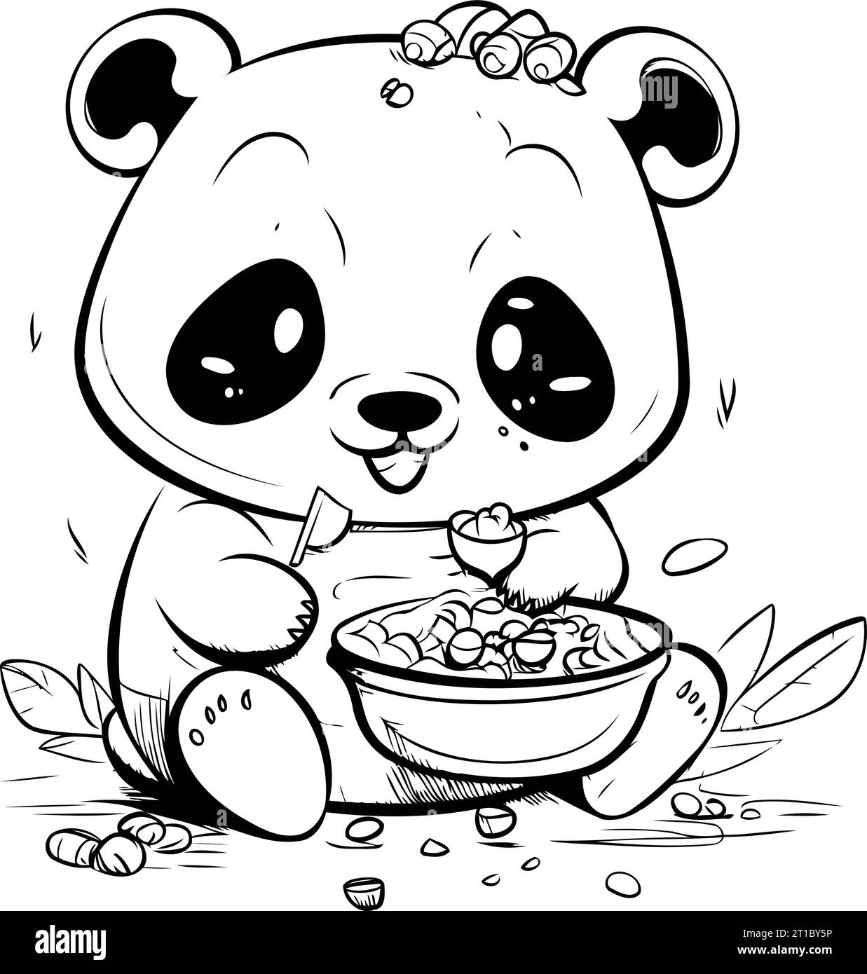 Carino panda da cartoni animati che si mangia da una ciotola di cereali. Illustrazione Vettoriale