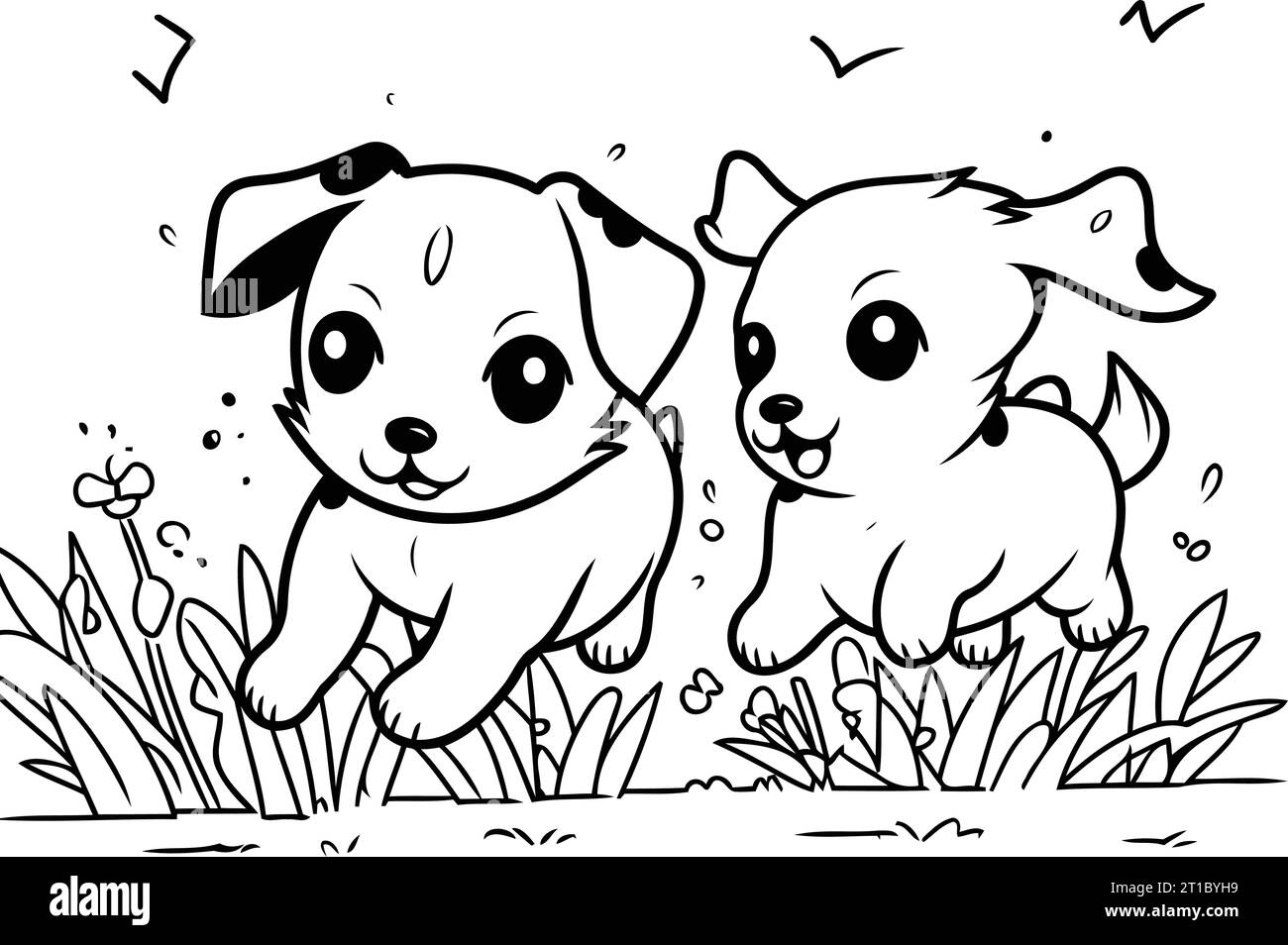 Carini cani che giocano nell'erba. Illustrazione vettoriale disegnata a mano. Illustrazione Vettoriale