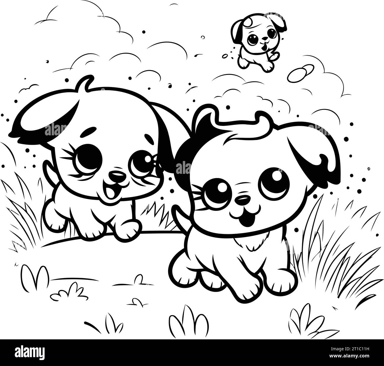 Illustrazione in bianco e nero di simpatici cani da cartoni animati che giocano nell'erba. Illustrazione Vettoriale