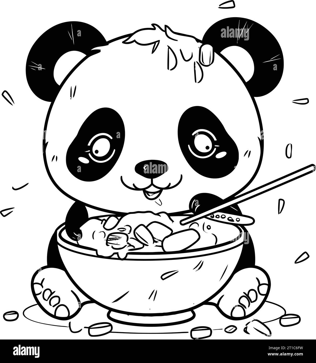 Graziosa zuppa di panda. Illustrazione vettoriale in bianco e nero. Illustrazione Vettoriale