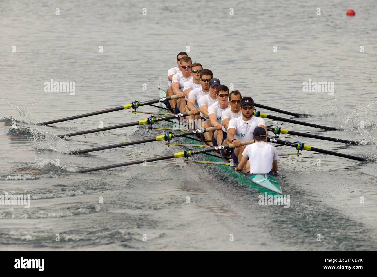 Der Deutschlandachter: Felix Wimberger, Maximilian Reinelt, Malte Jakschik, Richard Schmidt, Eric Johannesen, Andreas Kuffner, Hannes Ocik, Maximilian Planer, Steuermann Martin Sauer Rudern Internationale Wedau Regatta a Duisburg, Deutschland AM 18.05.2014 Foto Stock