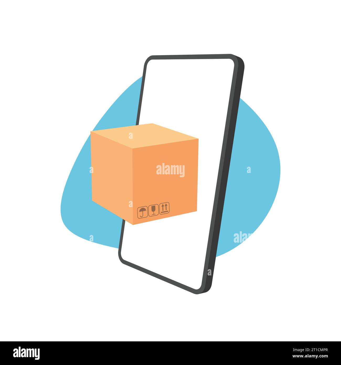 Concetto di shopping online. Consegna rapida dei pacchi. La casella esce dallo schermo dello smartphone. Piattaforma per lo shopping. Illustrazione vettoriale. Illustrazione Vettoriale