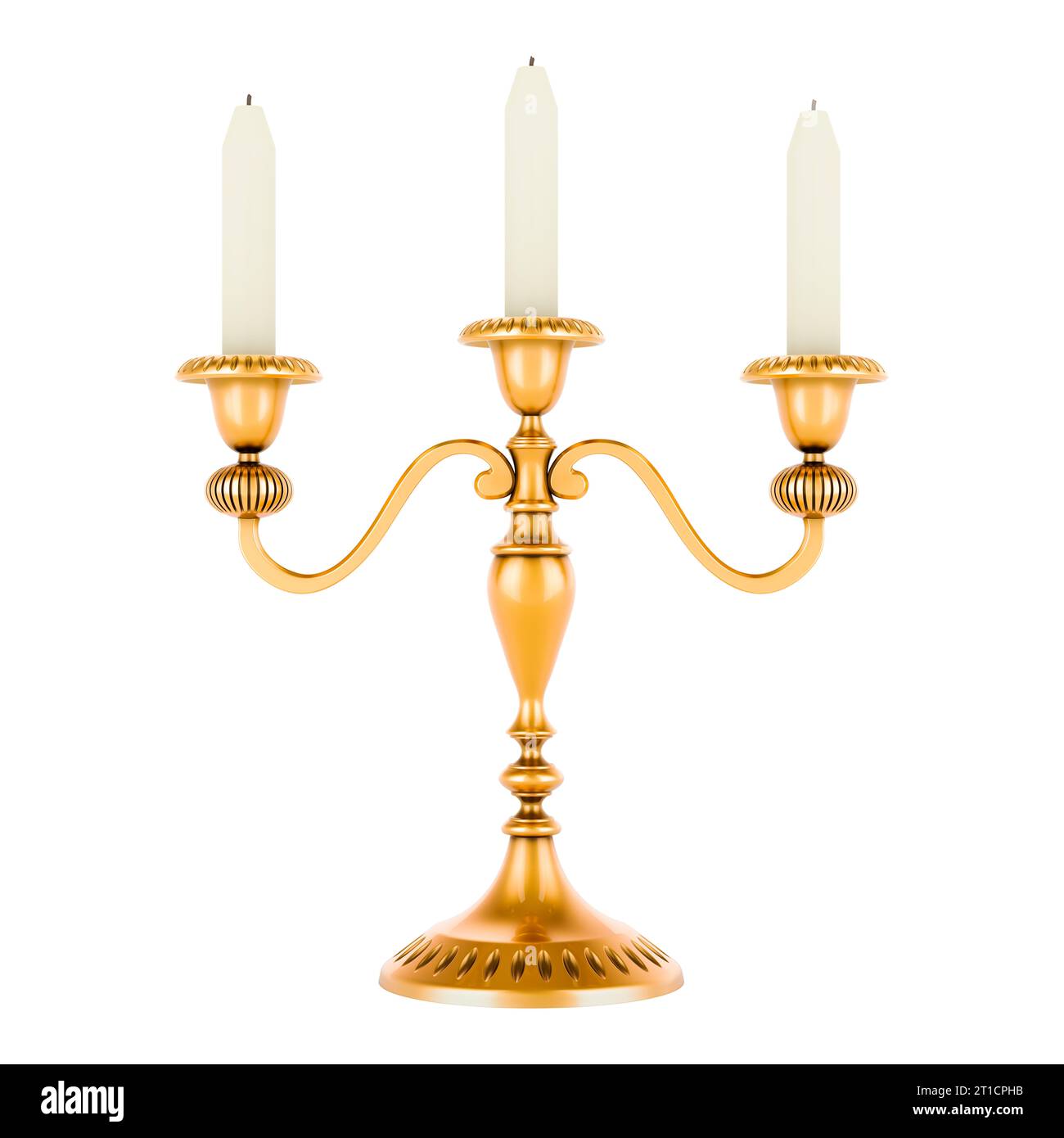 Portacandele in ottone, Candelabro dorato con candele. Rendering 3D isolato su sfondo bianco Foto Stock