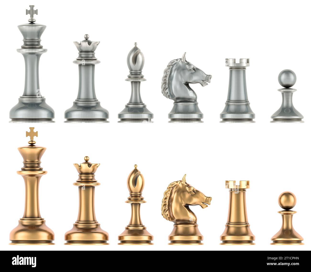 Figure di scacchi in metallo, rendering 3D isolato su sfondo bianco Foto Stock