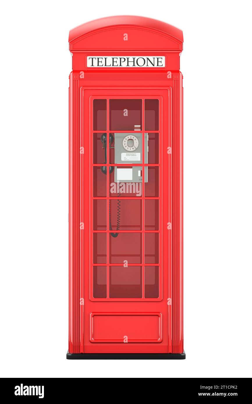 Cabina telefonica rossa, vista frontale. Rendering 3D isolato su sfondo bianco Foto Stock