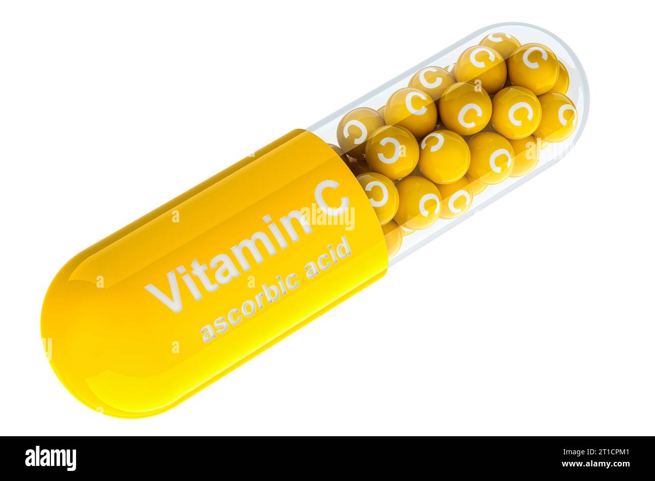 Capsula di vitamina C, acido ascorbico. Rendering 3D isolato su sfondo bianco Foto Stock