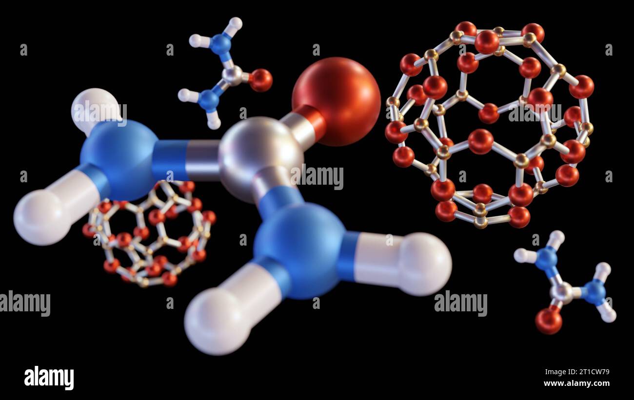 Interazione delle nanogabbie B24N24 con rendering 3d delle molecole di urea Foto Stock