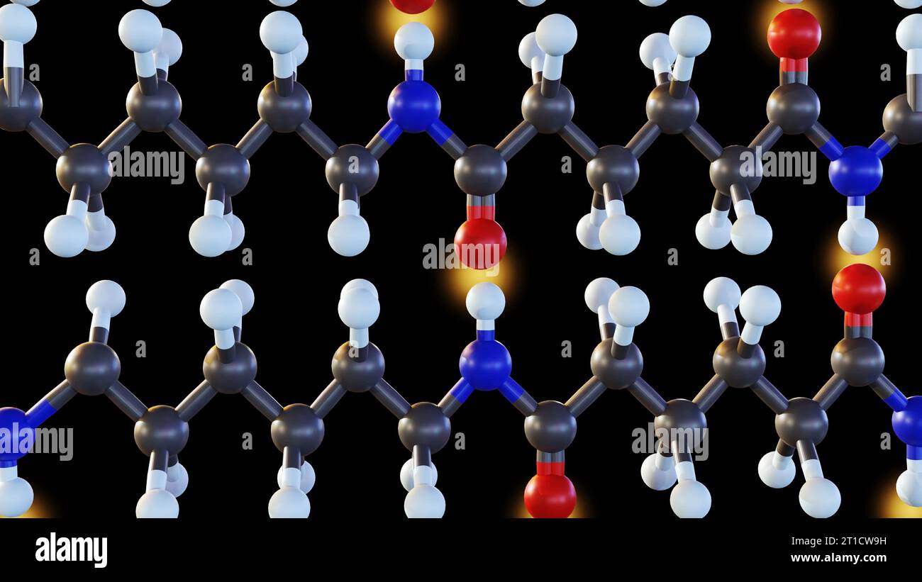 La molecola di nylon è un polimero di condensazione costituito da unità ripetitive con legami ammidici tra di esse: Per questo motivo è spesso indicato come poliammide 3 Foto Stock