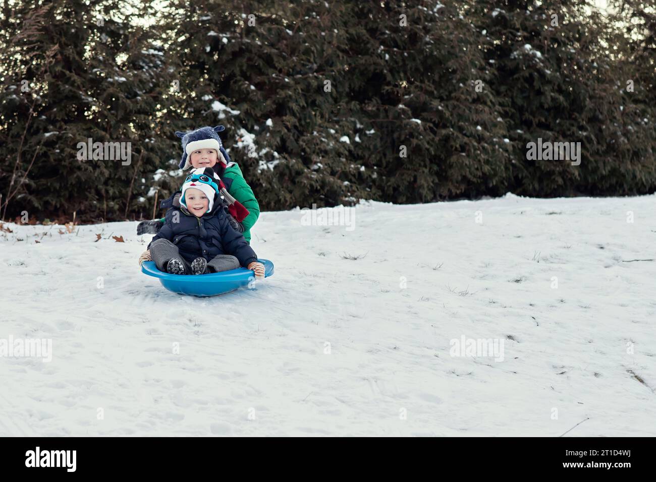 Fratelli che slittano insieme nella neve Foto Stock