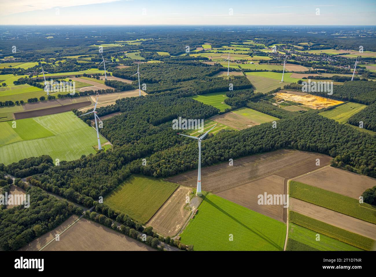 Luftbild, Windräder im Waldgebiet mit Fernsicht, zwischen Münsterstraße und Lavesumer Straße, Uphusen, Haltern am SEE, Ruhrgebiet Münsterland, Nordrhein-Westfalen, Deutschland ACHTUNGxMINDESTHONORARx60xEURO *** Vista aerea, turbine eoliche nella zona forestale con vista a distanza, tra Münsterstraße e Lavesumer Straße, Uphusen, Haltern am SEE, Ruhr area Münsterland, Renania settentrionale-Vestfalia, Germania ATTENTIONxMINDESTHONORARx60xEURO Foto Stock