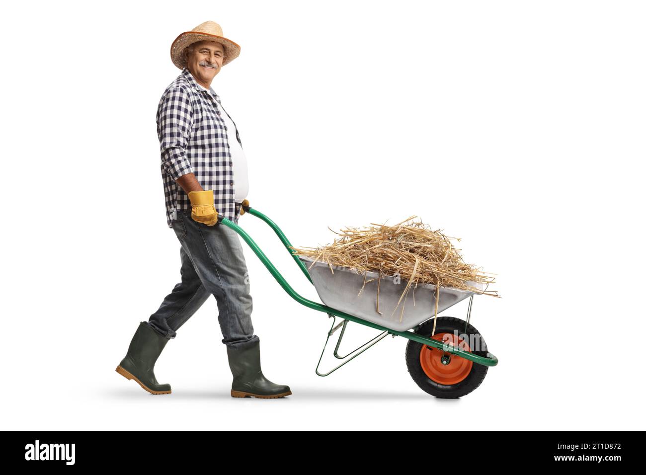 Immagine a profilo completo di un agricoltore maturo che spinge una carriola con una pila di fieno isolato su sfondo bianco Foto Stock