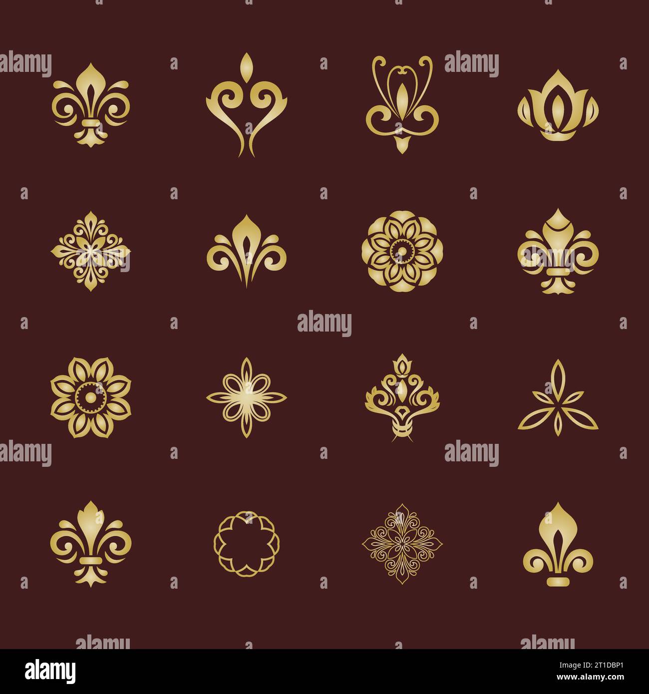 Set vintage di elementi marrone e dorati vettoriali. Elementi per sfondi e cornici. Motivi classici. Set di motivi vintage Illustrazione Vettoriale