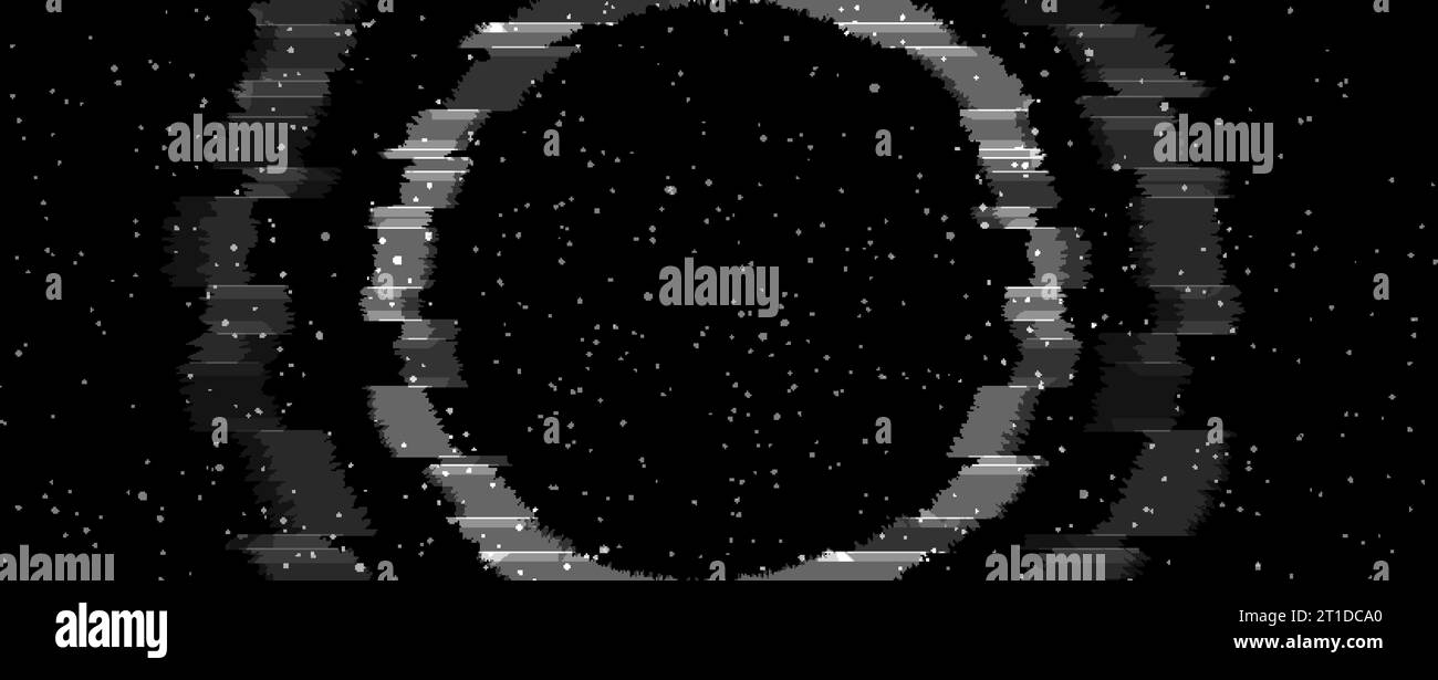 Cerchio al neon laser glitch e stelle su sfondo cielo nero. Design vettoriale astratto degli anni '80 e '90 Illustrazione Vettoriale