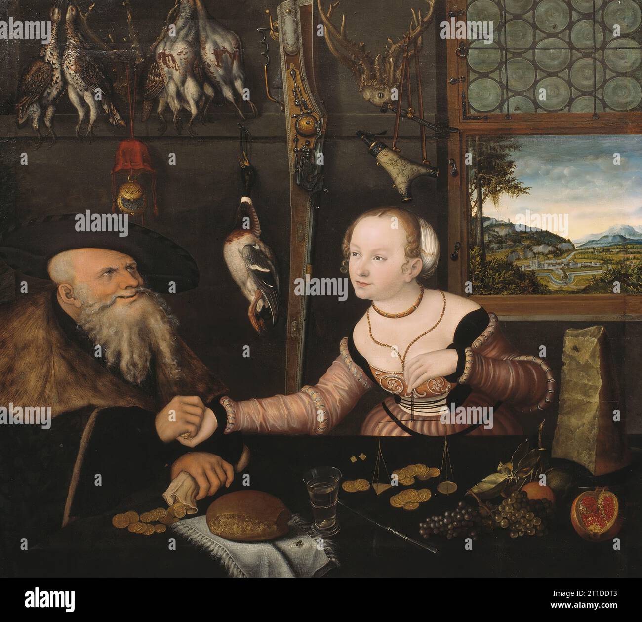 La coppia mal accoppiata, 1532. Un matrimonio per ragioni economiche tra persone di età diversa. Foto Stock