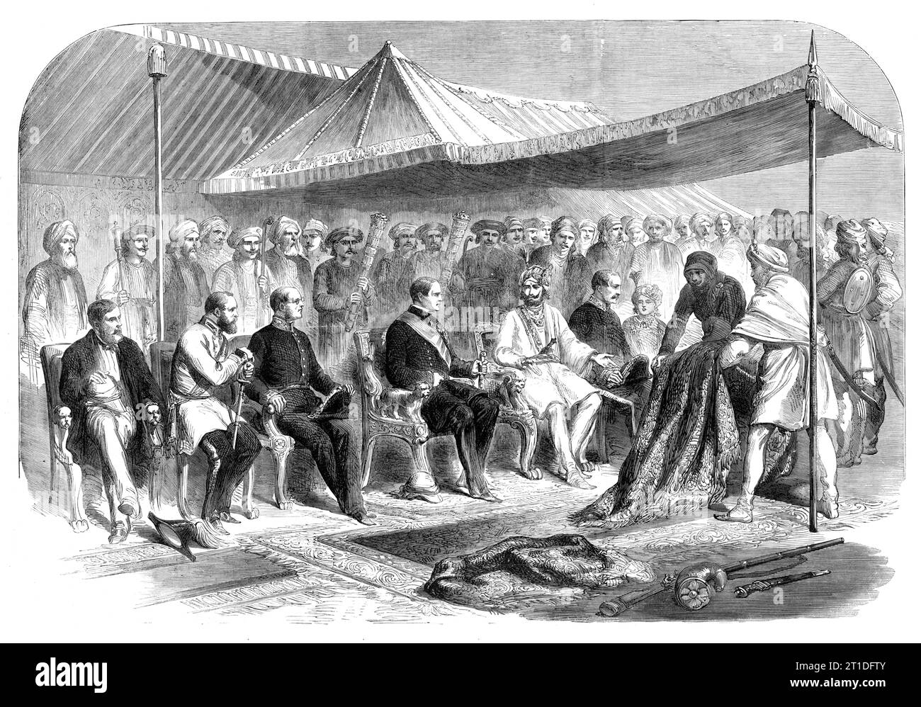 Intervista a Sealkote, il 9 marzo, tra il Maharajah Runjeet [sic] Singh di Cashmere e sua Eccellenza Lord Canning - da uno schizzo del signor Simpson, 1860. Imperialisti britannici a Sialkot India, (ora in Pakistan). "Il Maharajah Rumbeer Singh è il figlio del noto Maharajah Gholab Singh, al quale la valle di Cashmere è stata resa disponibile dal governo britannico per trattato, quando tutto il Punjaub era a disposizione del governo, nel 1846, dopo le vittorie dei signori Gough e di Lord Hardinge... durante l'ammutinamento nel 1857, il Maharajah Rumbeer Singh inviò una forza per cooperare con i BR Foto Stock