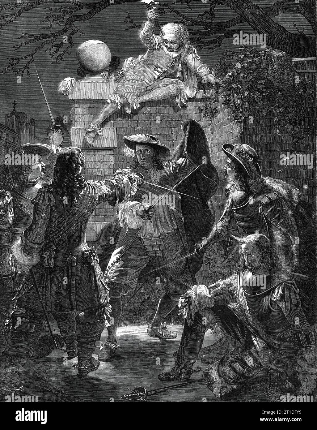 "The outrage upon Sir John Coventry", di T.H. Maguire, alla Royal Academy Exhibition, 1860. Incisione dopo un dipinto. Sir John Coventry, che fu creato un K.B. all'incoronazione di Carlo II, dopo aver indulto in uno scherzo sulle amanti del re, il duca di Monmouth e altri hanno posato un complotto per vendicare la dignità del re su di lui, con un oltraggio molto brutale... Sir Thomas Sandys, o'Brian, e altri tredici... a mezzanotte del 21 dicembre 1670, attaccarono Sir John a Pall-Mall... Sir John...defended stesso coraggiosamente per qualche tempo, ferendo molti dei suoi assalitori, ma era lungo Foto Stock