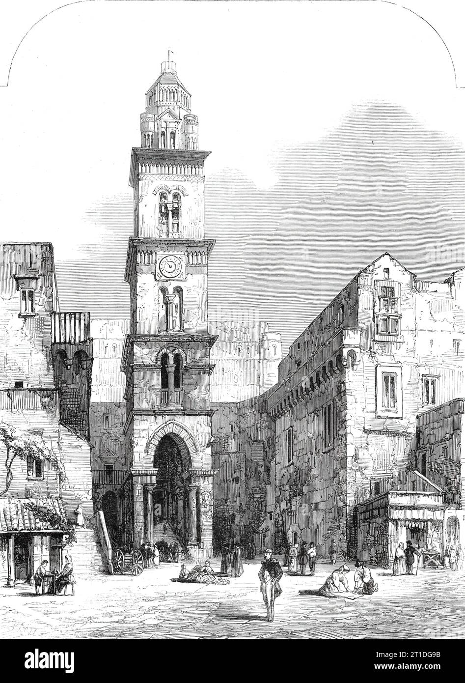 Vista a Gaeta, con la chiesa di S.. Erasmus, 1860. Incisione da un disegno di Samuel Read. "La posizione di Gaeta è estremamente bella e i suoi ricchi aranci, limoni e agrumeti le conferiscono un carattere particolarmente meridionale. È la città principale di un distretto e sede vescovile. Ha 14.000 abitanti, compresa la guarnigione. La Cattedrale, dedicata a San Erasmus, contiene lo standard presentato da Pio V. a Don Giovanni d'Austria, il comandante dell'esercito cristiano nella battaglia di Lepanto... le difese militari di Gaeta sono state immensamente rafforzate ed estese di fine y Foto Stock