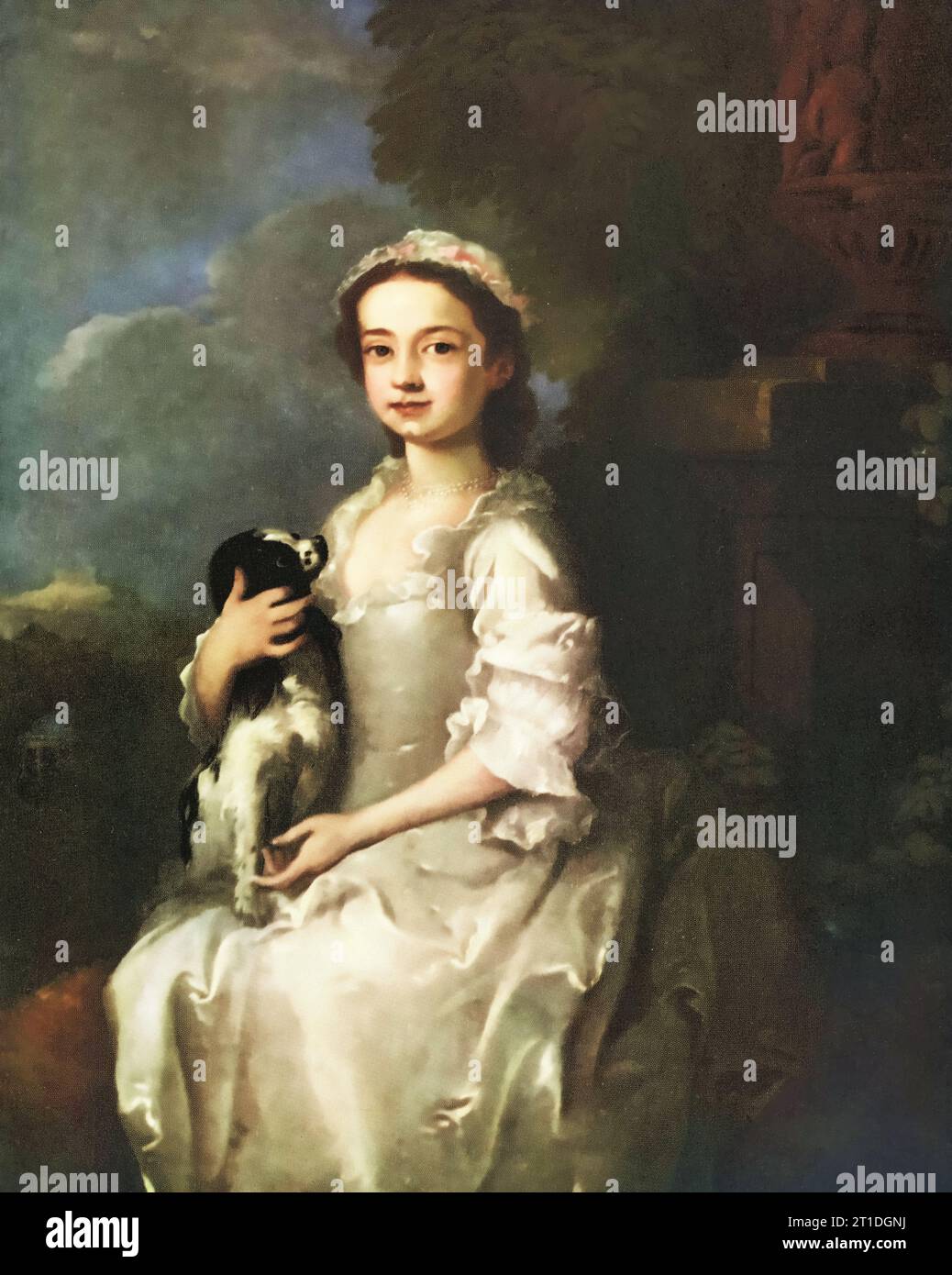 Ritratto di una giovane ragazza, c1750. Circolo di William Hogarth (1697-1764). Un ritratto del XVIII secolo di una giovane ragazza, che indossa un vestito bianco, con un re Charles spaniel seduto in grembo. Foto Stock
