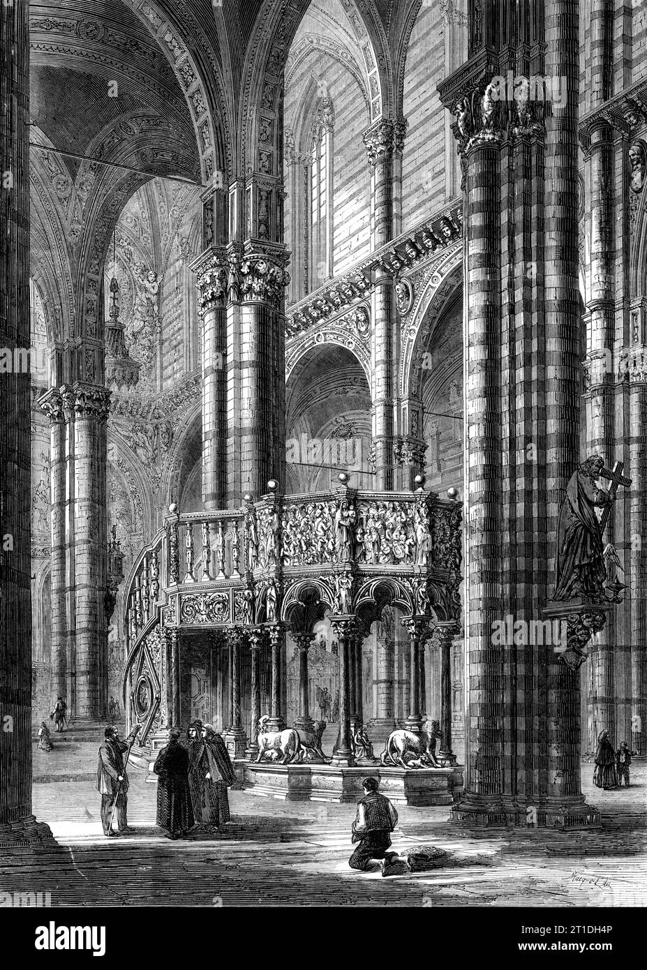 Interno della Cattedrale di Siena, [Italia] - pulpito ottagonale di marmo bianco, 1860. Il pulpito, '...sorretto da un cerchio di otto colonne, con una al centro, e quattro delle quali poggiano sui leoni che giocano con i loro cuccioli, è un'opera notevole di Nicolo da Pisa, aiutato dai figli Giovanni e Arnolfo; reca la data 1226: "il giudizio universale" rappresentato in due dei suoi bassorilievi, è forse una delle migliori produzioni dell'illustre artista". Da "Illustrated London News", 1860. Foto Stock