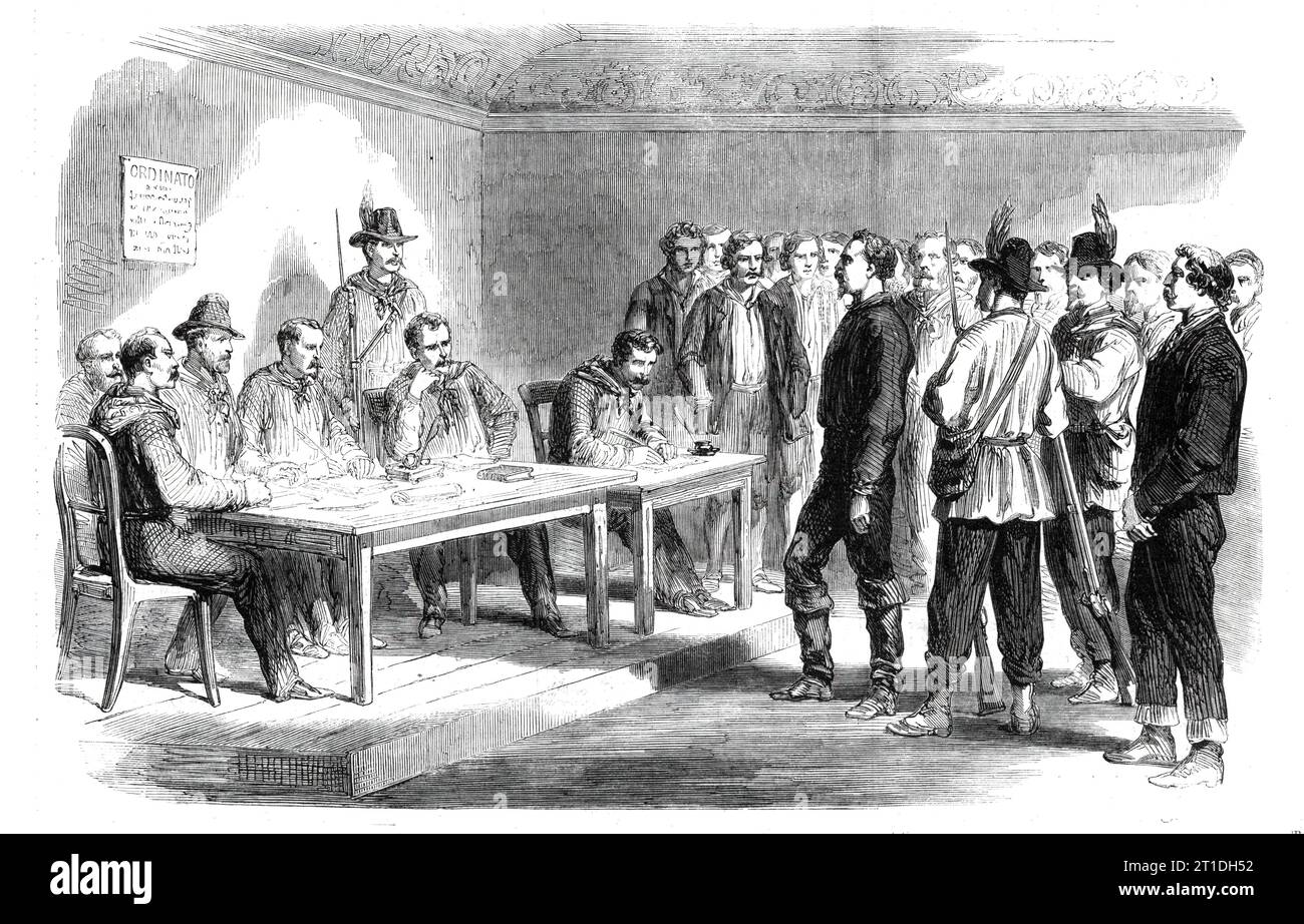 La Rivoluzione in Sicilia - processo al presunto capo brigante, Santomeli, da parte di un consiglio di guerra, a Villafrati - da uno schizzo del nostro artista speciale, 1860. "Ho appreso che la notte precedente un tenente era stato fermato da un gruppo di banditti sulla strada i tra Villafrati e Palermo, e derubato di tutto quello che possedeva... Un consiglio di guerra fu chiamato subito a processare i presunti briganti, perché la nostra missione era in gran parte quella di cacciare e sterminare lungo il nostro cammino i numerosi banditti che infestavano il paese. La difesa di Santomeli, perché tale era il nome dell'uomo in questione, Foto Stock