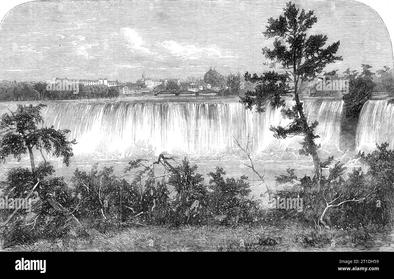 The American Falls, Niagara - da una fotografia della Stereoscopic Company, 1860. "Ogni spettatore, ogni bambino, è colpito dalla singolare deliberazione, dalla lentezza innaturale con cui le acque del Niagara si tuffano. Le leggi della gravitazione sembrano sospese, e la sublimità del gigantesco golfo sottostante sembra controllare la vittima discendente sull'orlo, come se si fermasse in soggezione. Il modo migliore per avvicinarsi al Niagara è salire sulla costa americana e attraversare il traghetto. La discesa di circa duecento metri dalla scala porta il viaggiatore direttamente sotto la spalla e il bordo di Foto Stock