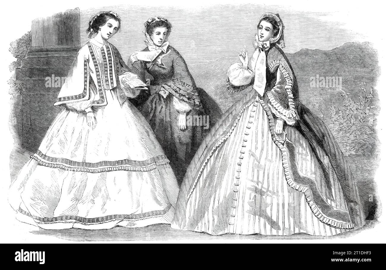 The Paris Fashions per settembre 1860. «1. Abito mattutino. Jaconet peignoir, con due strette balze; sulla parte superiore di ogni balestra c'è un quilling...[con] un nastro di seta blu. La casaca Zouave è dello stesso materiale...berretto piccolo alla Charlotte Corday, di Alen&#xe7;su pizzi e nastri...collare di lino stretto...2. Abito da passeggio... di mousseline de soie color rosa. La gonna è rifilata sul fondo con due balze bordate di seta, al di sopra del quale si trova un terzo balzo interamente di seta. Il Corsage ... ha revers di seta. Maniche rifinite come la gonna. Un nastro largo, con arco grande e estremità lunghe, Foto Stock