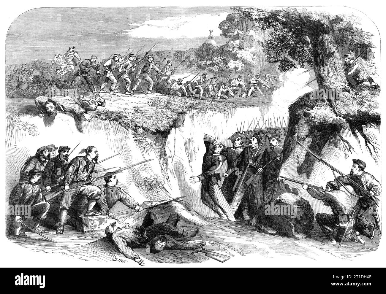 La battaglia sul Volturno - le truppe napoletane che passano lungo un burrone - da uno schizzo di T. Nast, 1860. Guerra in Italia: I garibaldi imboscano il nemico. Da "Illustrated London News", 1860. Foto Stock